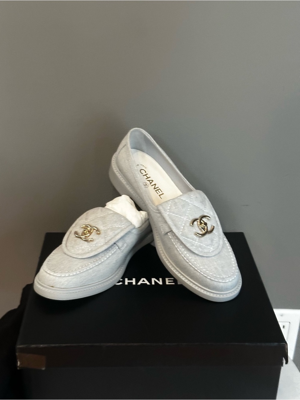 CHANEL light Denim Quilted Loafers with Gold CC Hardware